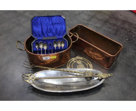 Staybrite dish, copper planter, toasting forks, etc. 