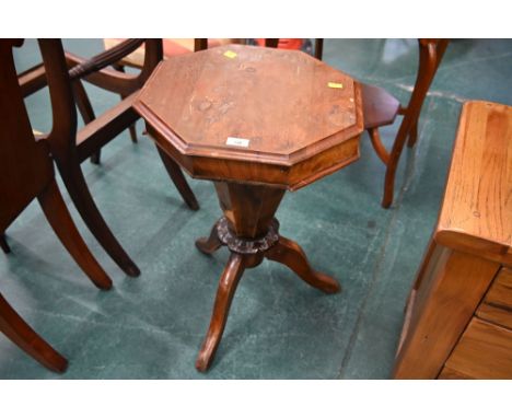 A Victorian walnut veneered hexagonal topped sewing table raised on a tripod base, height 65 cm, width 42 cm