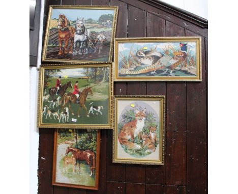 Five framed tapestry pictures