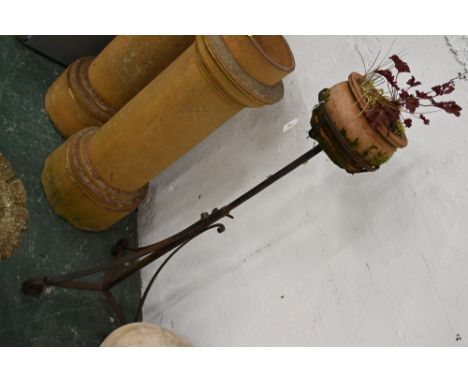 Terracotta garden planter raised on wrought iron tripod stand, 122 cm 