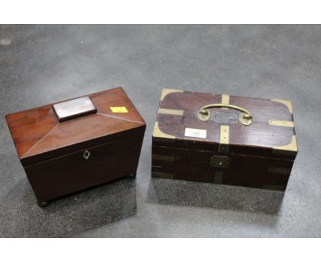 Small mahogany tea caddy and brass bound box