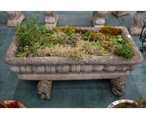 Concrete rectangular garden planter raised on lion head stands, overall height 34 cm, width 91 cm, depth 44 cm 