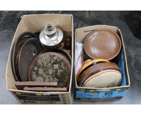 Two boxes of footstools, Aladdins lamp, wall plaques etc 