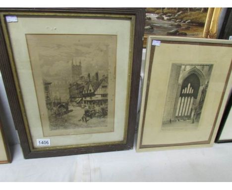 A framed and glazed F. Phemie signed etching and a framed and glazed print entitled 'The Five Sisters Window, York Minster'