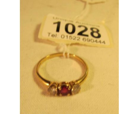 A gold ring set ruby and 2 diamonds, hallmark worn, (approx, weight 3g)
