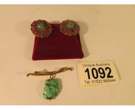 A pair of foiled back ruby and turquoise earrings and a 15ct gold brooch set turquoise