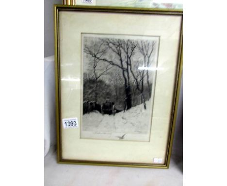 A framed and glazed etching 'The Wood Gatherer' by Antione Monnier, signed (image 16 x 22 cm)