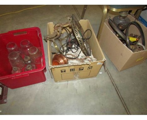 3 boxes of oil lamp parts including fonts, burners, bases etc.