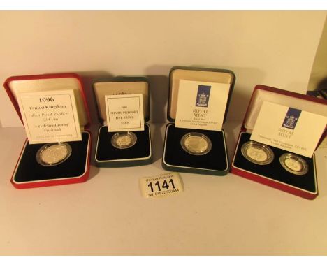 A 1995 and 1996 silver proof £2 coins (football and WW2), a 1990 silver proof 5p coin and 1990 silver Piedfort 5p coin, all c