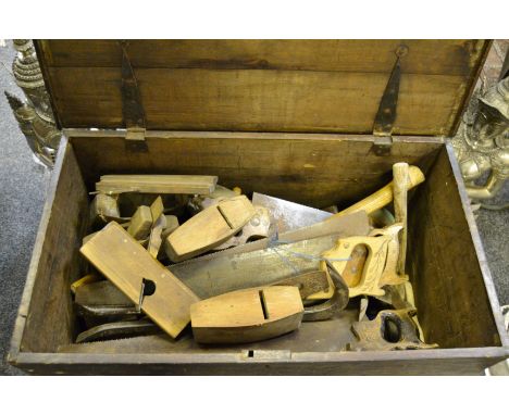 Tools - a 19th century stained pine tool chest; 19th century rebate planes, block planes, levels; various socket sets; spanne