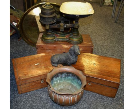 A Fairbanks, Birmingham counterbalance kitchen weighing scale and weights; a Victorian workbox c1860; a brass tray; planter; 