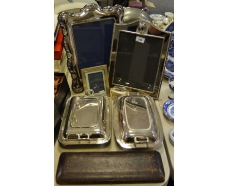 Plated ware - Two entree dishes and covers; two large photograph frames; another smaller; fish server cased; cigar lighter (7