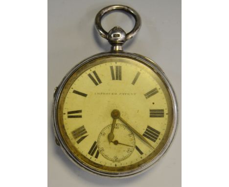 A Victorian silver half hunter pocket watch, movement by J Harris of Wolverhampton no 140551, white enamel face, Roman numera