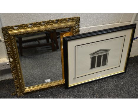 A rectangular wall mirror with gilt ormolu frame; an architectural print. (2)