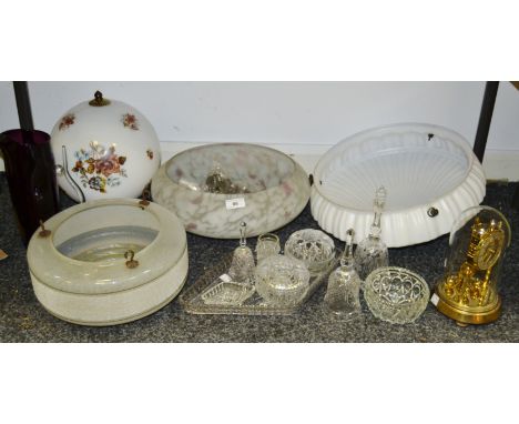 Early 20th century ceiling glass lamp shades; other glassware including dressing table set, bells; a Hermle anniversary clock