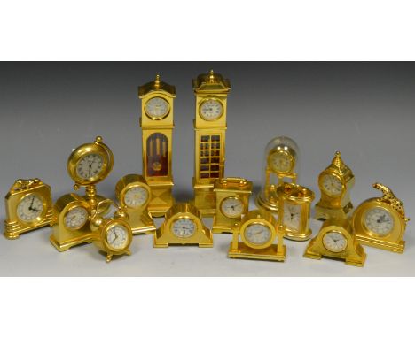 Miniature Clock - various brass clocks in different styles, including a longcase, alarm clock, mantel clocks, Napoleon clock,