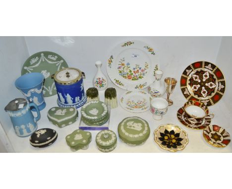 Ceramics - a Wedgwood dark blue Jasperware biscuit barrel; pale blue vase; green trinket dishes, boxes and covers, etc; Aynsl