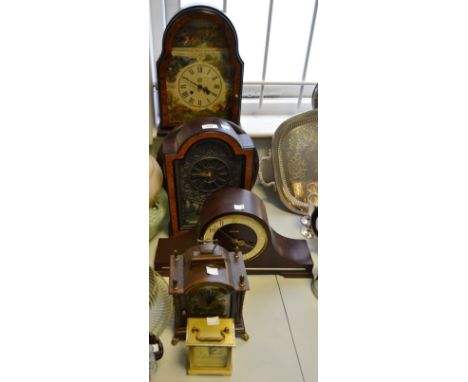 A 20th century burr walnut mantel clock, the base with hunting shooting and hunting scenes; etc (6)