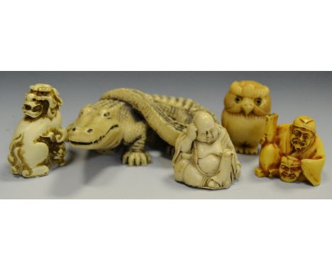 Oriental Objects - a celluloid crocodile naturalistically posed a Netsuke in the form of a wise owl; etc