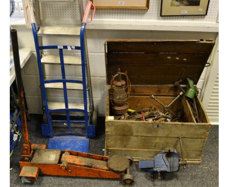 Tools - an Epco trolley jack; a Record No.3 bench vice; a large wooden tool box; hand tools including Sedgley plane; spanners