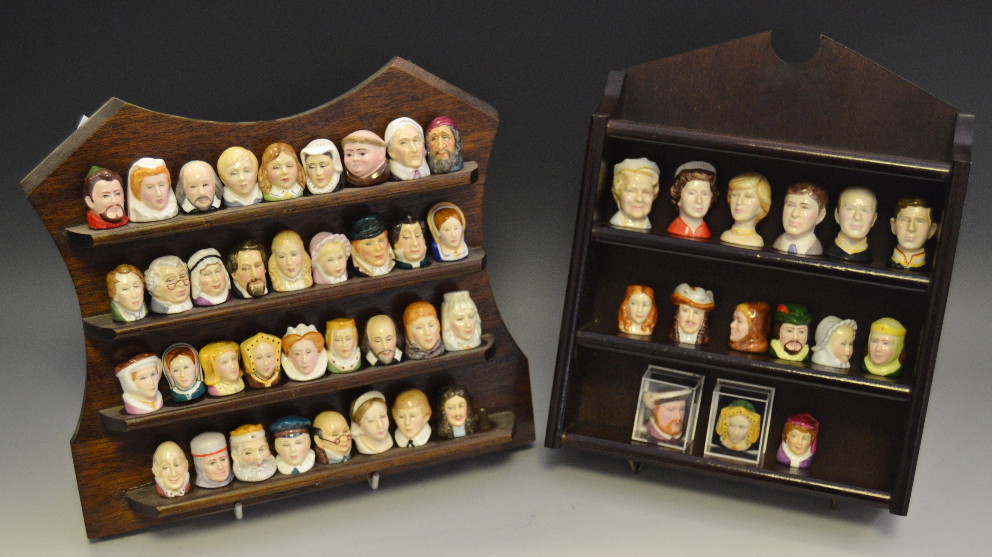 Dickensian character thimbles Royalty character thimbles, display stand