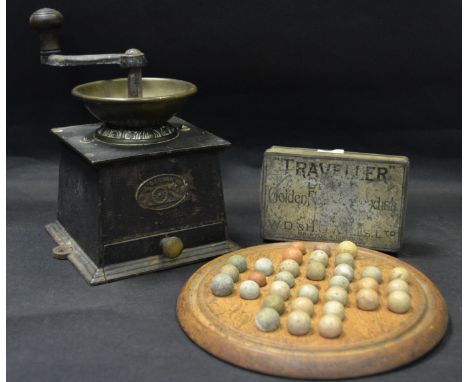 A Cannon No 2 cast iron coffee grinder; an early 20th Century solitaire board with original clay balls (2)