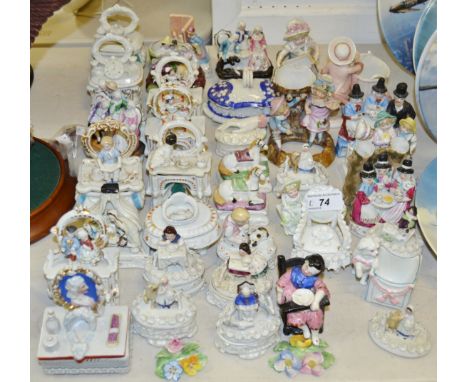 Fairings - 19th century porcelain trinket boxes and covers; flat backs including the Welsh Tea Party; etc. qty.