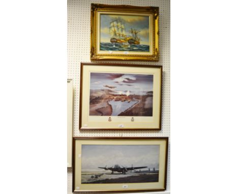Pictures and Prints - John Larder, after Operation Chatstie, coloured print; a spitfire; a galleon (3) 