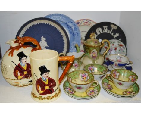 Ceramics - continental tea service, green gilt decoration; teapot; three cups; four saucers; milk jug; a John Peel jug, Crown