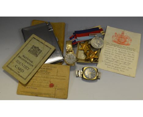 A WWII Lost in Action certificate for Joseph Henry Hill; The Africa Star, etc.; an Oris gentleman's, Anti-Shock gold plated w