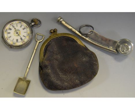 A lady's silver open faced pocket watch, white enamel dial, Roman numerals, decorated with flowers and picked out in gilt, ca