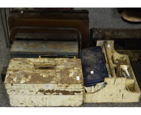 Tools - two metal cantilever tool boxes; early 20th century suitcase with with tools; five pairs of factory/tailors scissors;