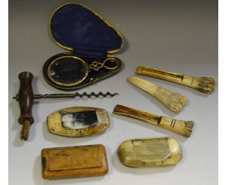 Boxes and Objects - a 19th century gilt metal quizzing glass; two horn snuff boxes; three prisoner of war type bone apple cor