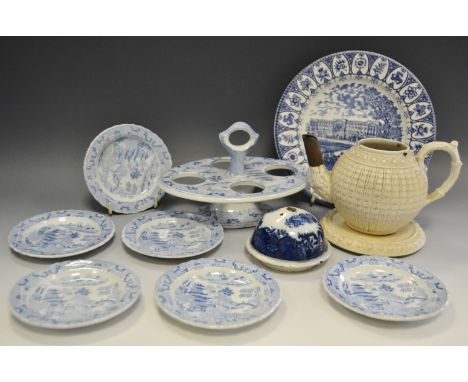 Blue and White - a Rogers blue and white four section egg cup stand, 18cm wide, c.1860;   six Willow pattern child's nursery 