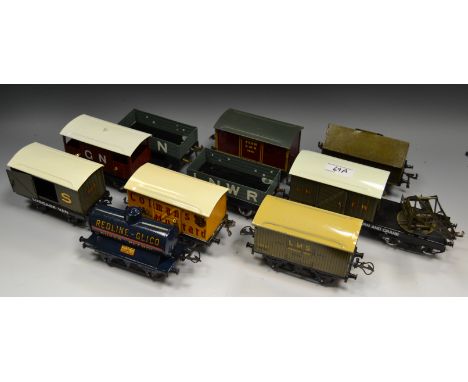 Hornby 0 Gauge - rolling stock including Colman's Mustard, L.M.S. Fish 7674, RS657 Breakdown Van & Crane, others (restored); 