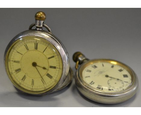 A silver half hunter pocket watch, white enamel dial, Roman numerals, cased stamped 0.935; another, open faced, Thos. Russell