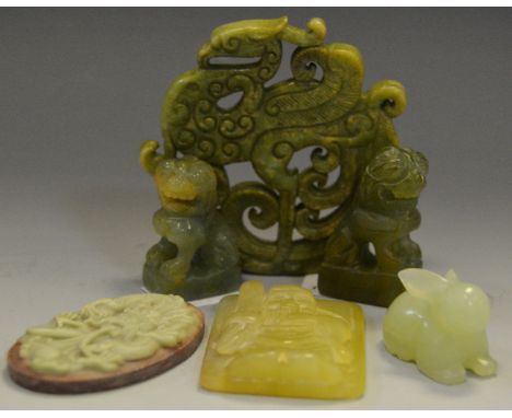 Oriental Ceramics - a pair of Jade foo dogs c1880; a Jade pendant of fukurokuju; other hard stone carved pendants (6)