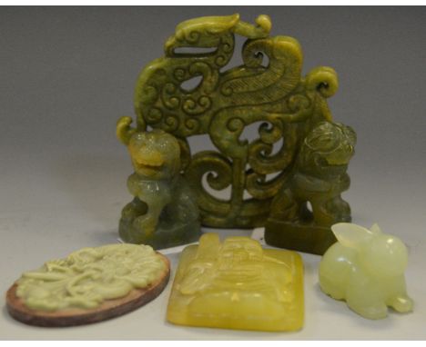 Oriental Ceramics - a pair of Jade foo dogs c1880; a Jade pendant of fukurokuju; other hard stone carved pendants (6)