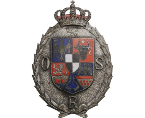 Breast Badge, 73x51 mm, silvered Bronze, center and crown enameled, pin on the back.  Numbered "446" and maker`s mark "Decome
