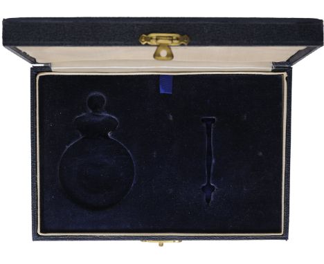 Grand Cross Set Case of Issue, Sash and Awarding Document, 2nd Type. Box, 21x14 mm, simili dark blue Leather, maker's mark "S