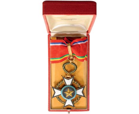 Commander"s Cross. Neck Badge, gilt Bronze, 55 mm, enameled, maker`s mark "A.B.&Cie", both sides enameled, original ribbon. I