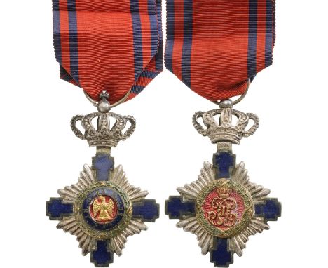 Knight 's Cross, 1st Model, for Civil. Breast Badge, 62x40 mm, silvered, both sides red enameled, obverse medallion with ciph