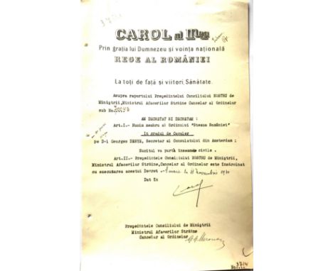 Knight 's Cross, 1st Model, for Civil, awarding document, dated 11.11.1930, original signature of King Carol II. A rare docum