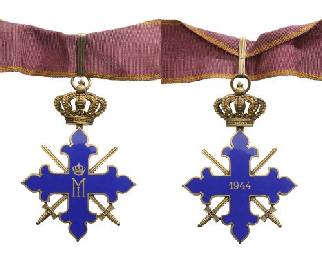 Commanderâ€™s Cross, 2nd Class, 4th Model, instituted in 1944. Neck Badge, 86x62 mm, gilt Copper, both sides dark blue enamel