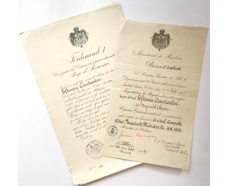 Awarding document for The "Commemorative Cross of the 1916-1918 War" with bars: Ardeal, Carpati, Oituz, Bucuresti, Marasesti,
