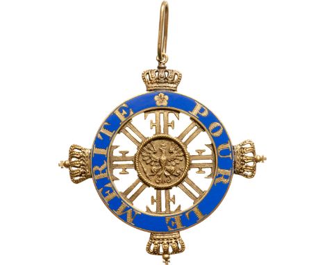 Neck Decoration from the late 19th Century, 47 mm., GOLD, blue enamel, with separately made crowns and centre medallion with 