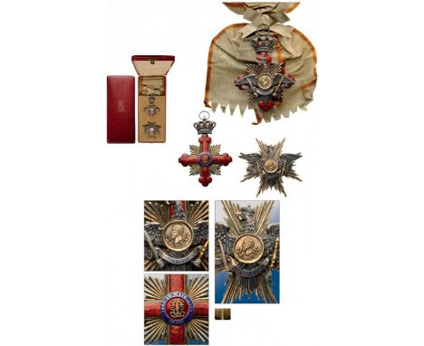 Grand Cross Set, intituted in 1906. Sash Badge, 95 mm, gilt Silver, trefoiled, red enameled, GOLD edge and 9 rays between the