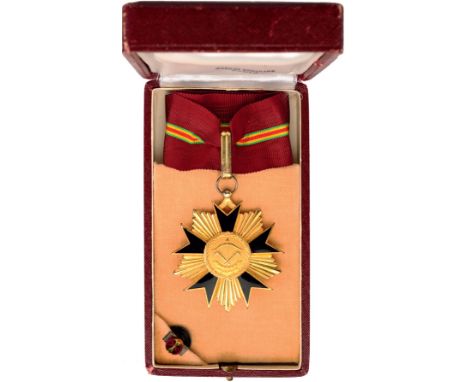 Commander`s Cross. Neck Badge, gilt Bronze, 60 mm, one side enameled, original ring, loop and ribbon, in case of issue by "Ar