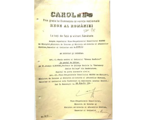 Officer 's Cross, 2nd Model (1938), for Civil. Awarding document, 329x210 mm, dated 22.04.1933,  original signature of King C