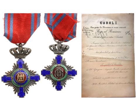 Knight 's Cross, 1st Model, for Civil. Breast Badge, 62x42 mm, Silver, both sides red enameled, obverse medallion with cipher